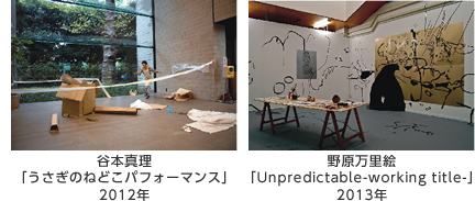 谷本真理「うさぎのねどこパフォーマンス」2012年、野原万里絵「Unpredictable-working title-」2013年